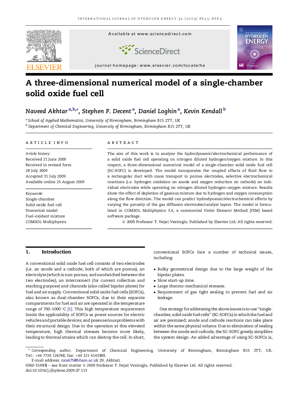 A three-dimensional numerical model of a single-chamber solid oxide fuel cell