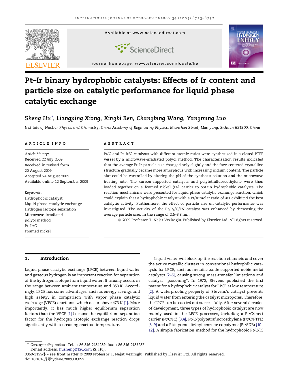 Pt–Ir binary hydrophobic catalysts: Effects of Ir content and particle size on catalytic performance for liquid phase catalytic exchange