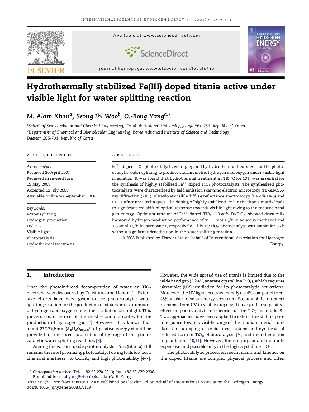 Hydrothermally stabilized Fe(III) doped titania active under visible light for water splitting reaction