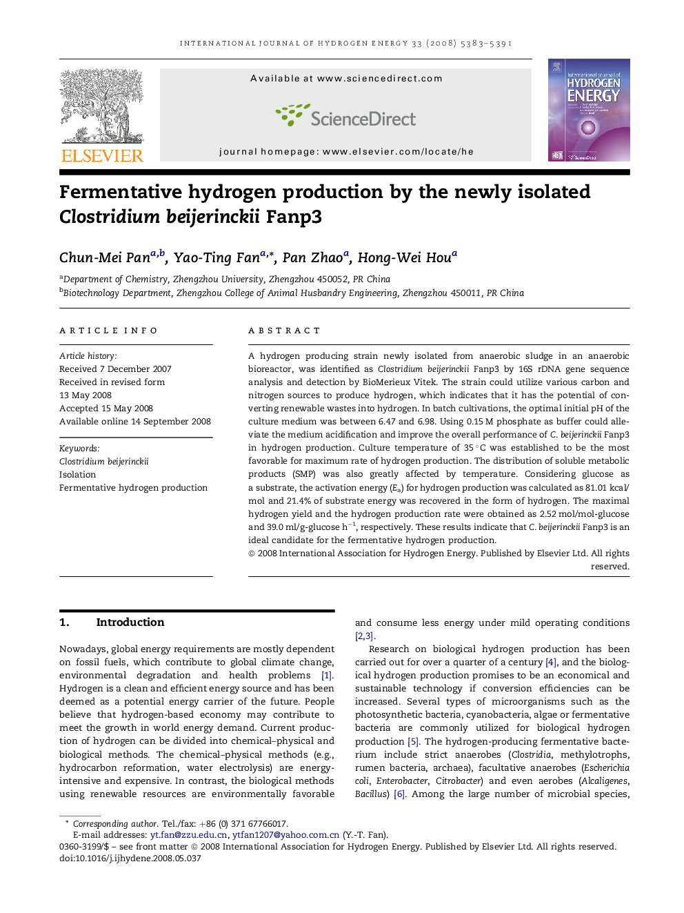 Fermentative hydrogen production by the newly isolated Clostridium beijerinckii Fanp3
