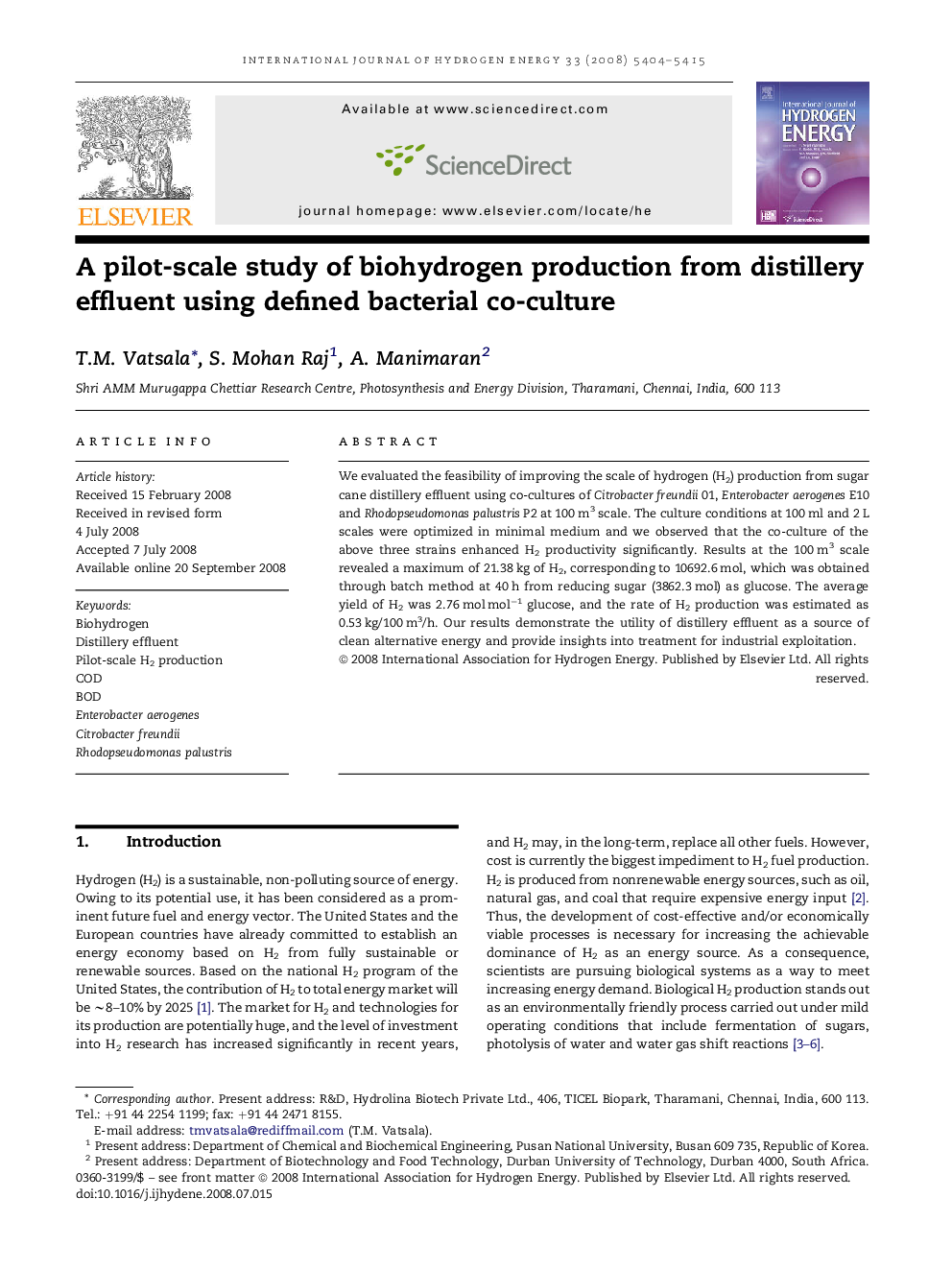 A pilot-scale study of biohydrogen production from distillery effluent using defined bacterial co-culture