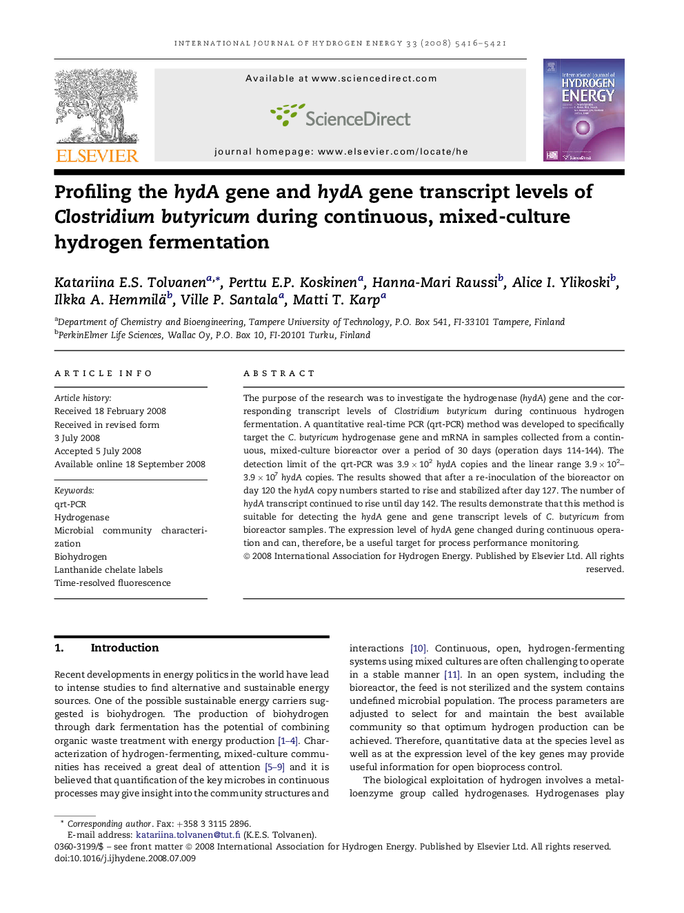 Profiling the hydA gene and hydA gene transcript levels of Clostridium butyricum during continuous, mixed-culture hydrogen fermentation