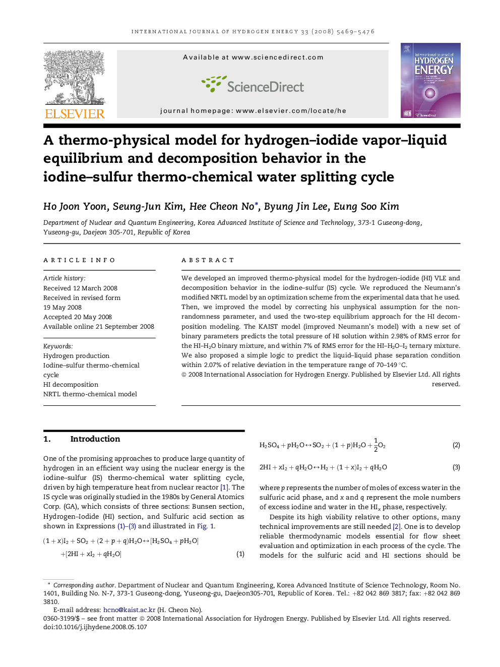 A thermo-physical model for hydrogen–iodide vapor–liquid equilibrium and decomposition behavior in the iodine–sulfur thermo-chemical water splitting cycle