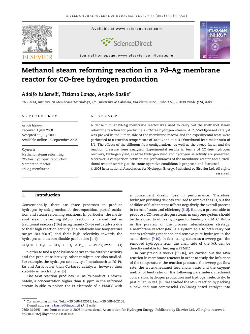 Methanol steam reforming reaction in a Pd–Ag membrane reactor for CO-free hydrogen production