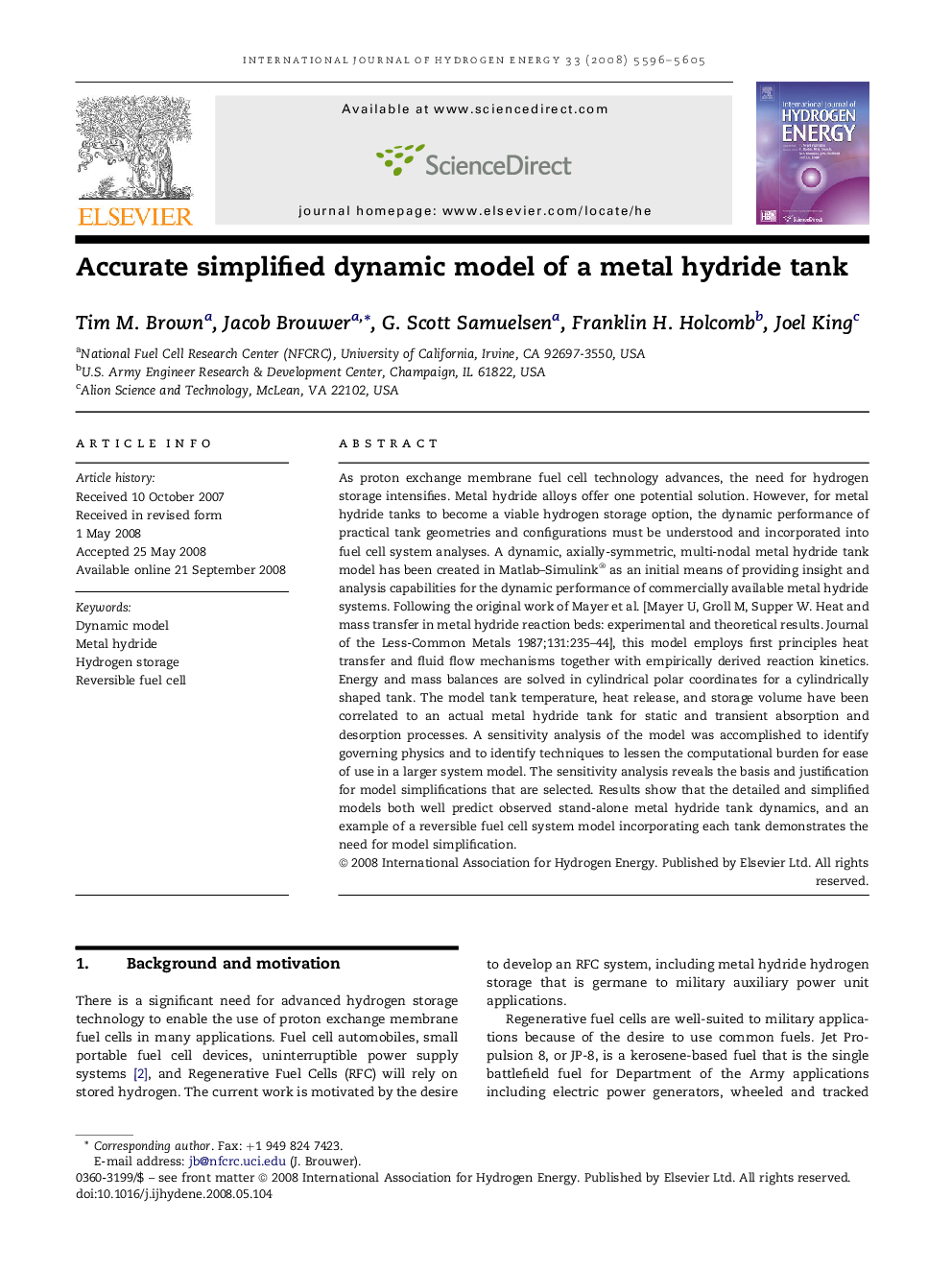 Accurate simplified dynamic model of a metal hydride tank