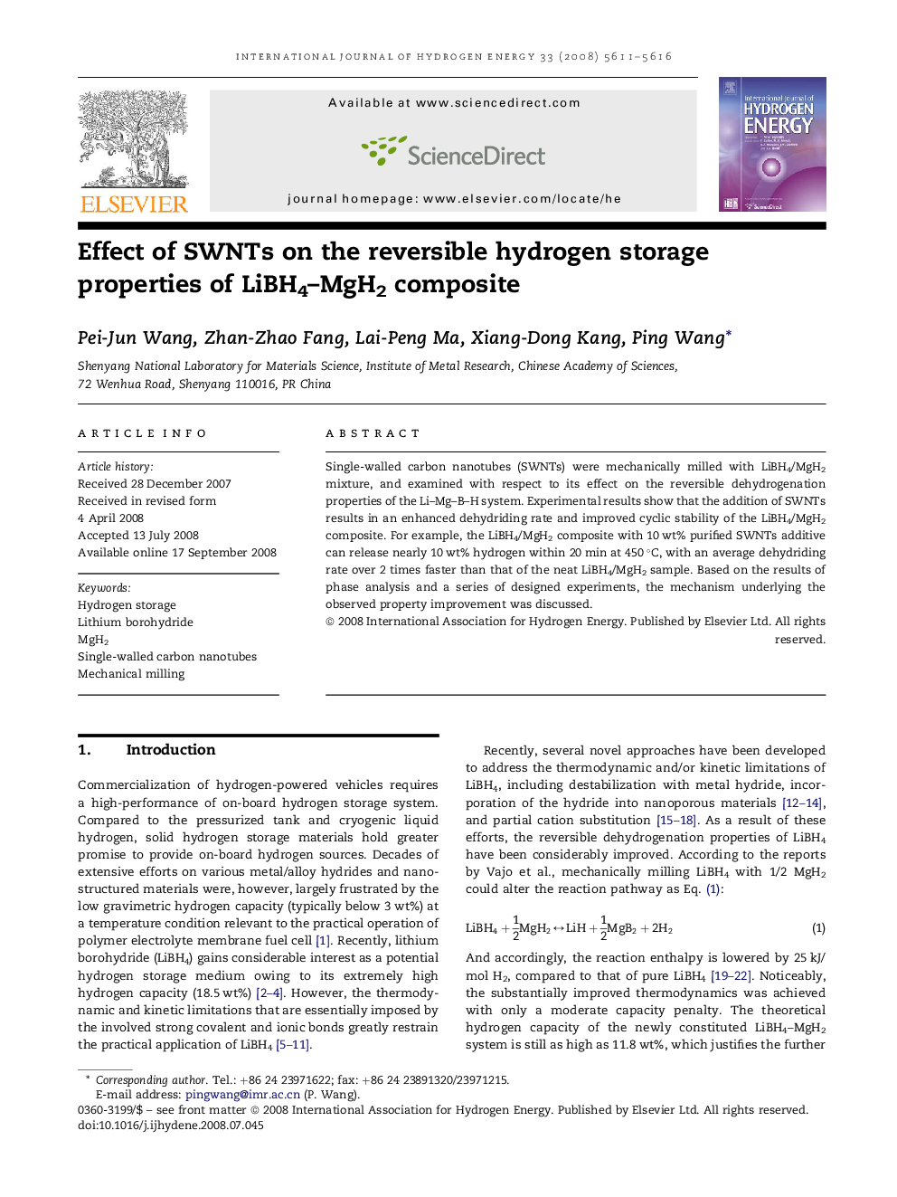 Effect of SWNTs on the reversible hydrogen storage properties of LiBH4–MgH2 composite