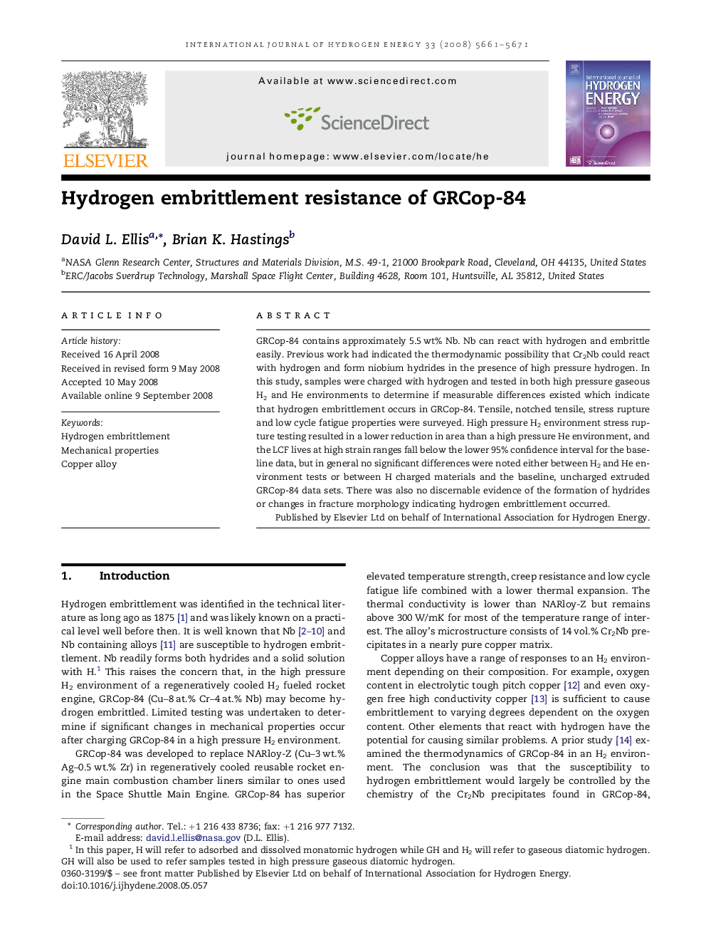 Hydrogen embrittlement resistance of GRCop-84