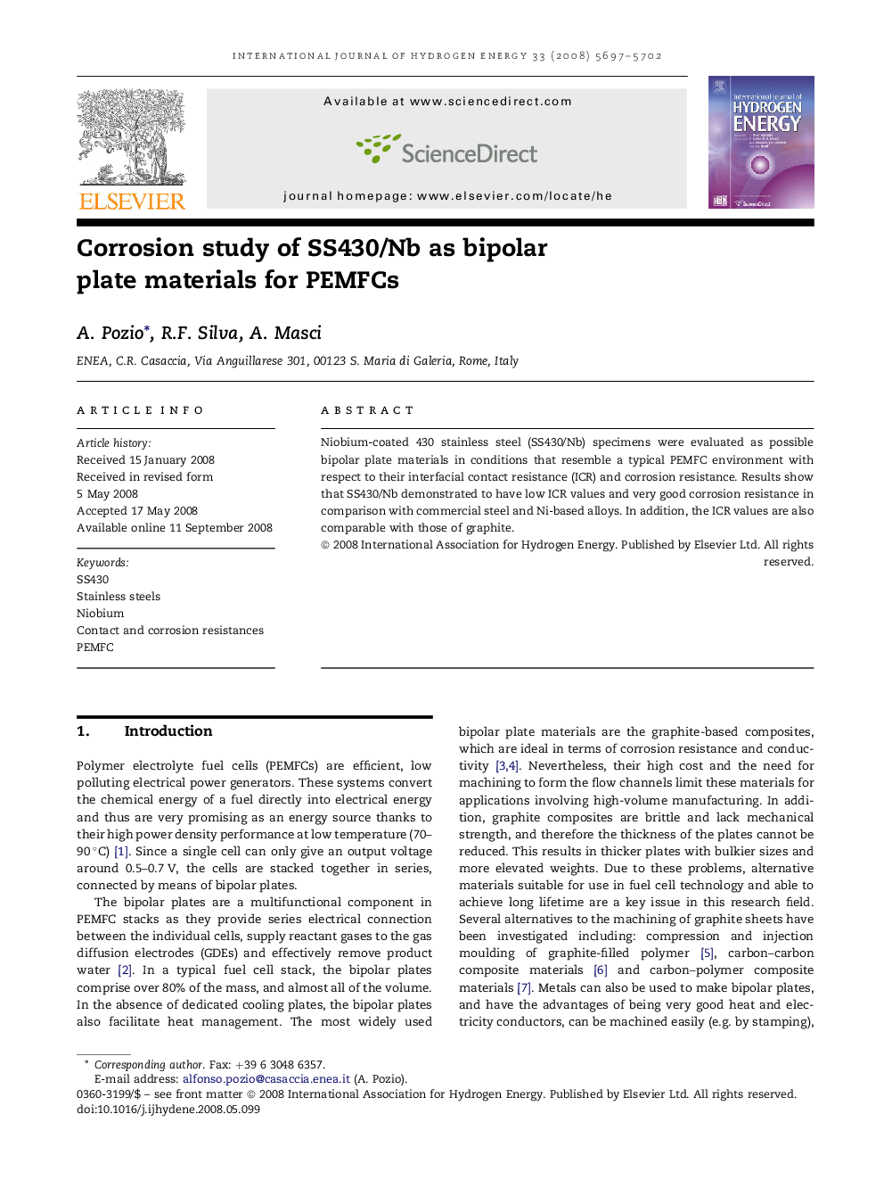 Corrosion study of SS430/Nb as bipolar plate materials for PEMFCs