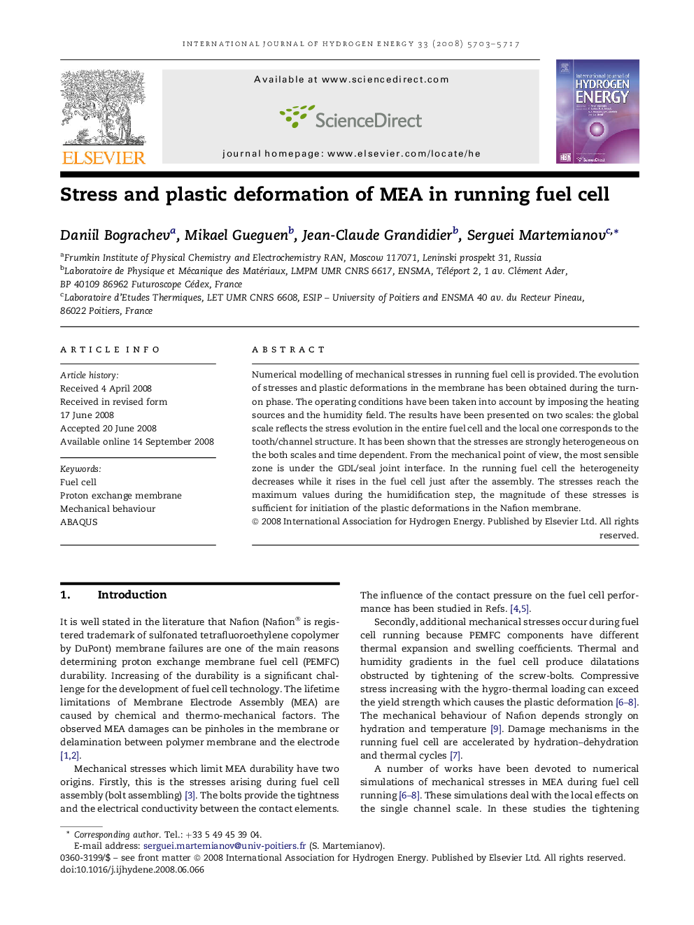 Stress and plastic deformation of MEA in running fuel cell