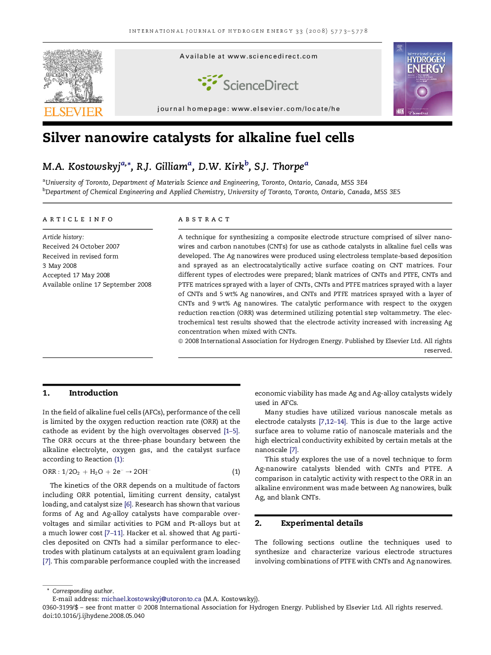 Silver nanowire catalysts for alkaline fuel cells