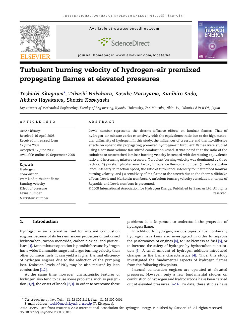 Turbulent burning velocity of hydrogen–air premixed propagating flames at elevated pressures