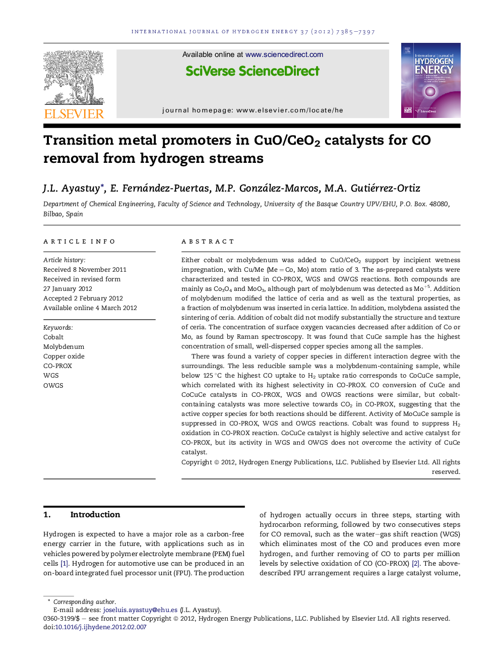 Transition metal promoters in CuO/CeO2 catalysts for CO removal from hydrogen streams