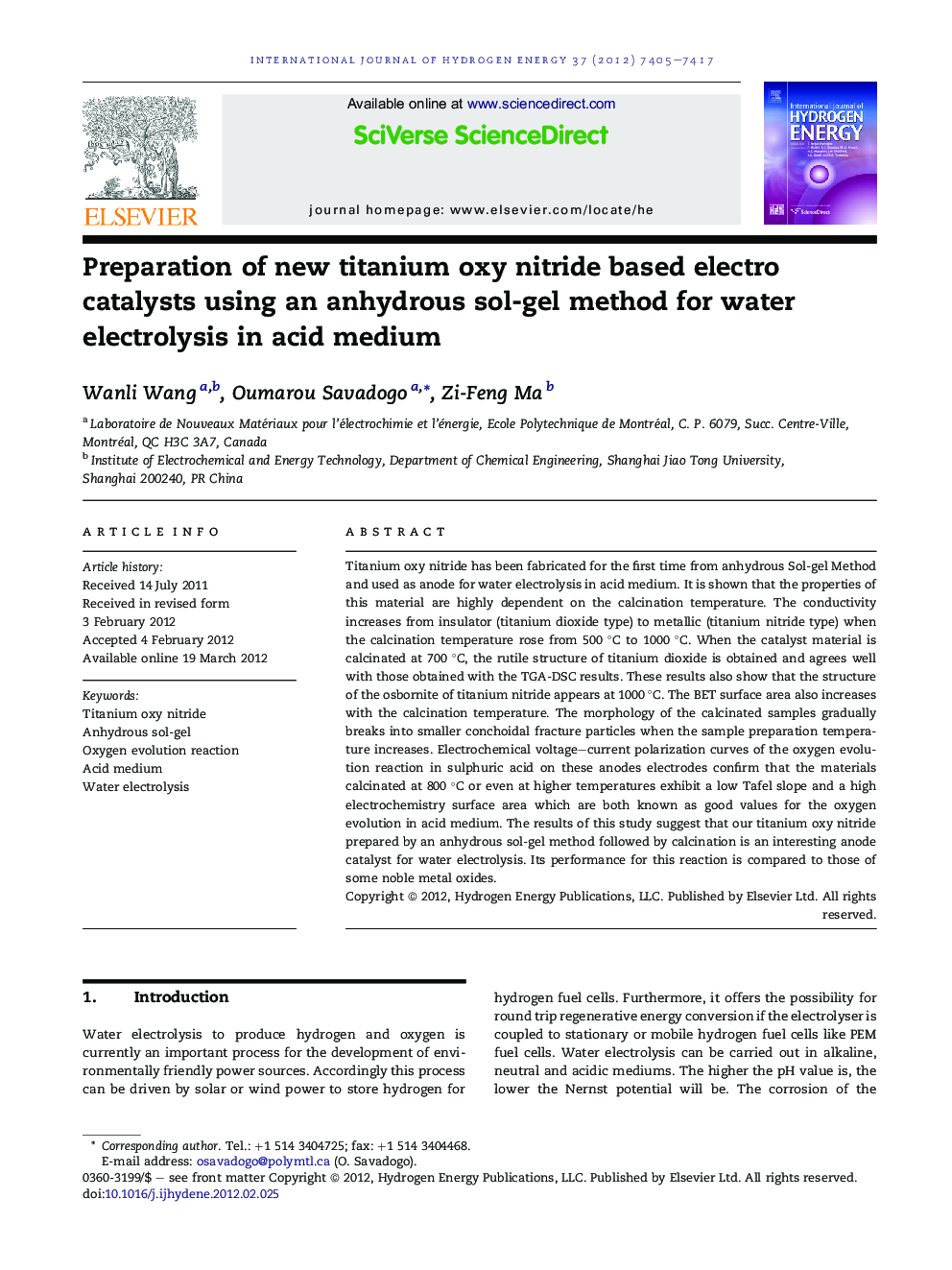 Preparation of new titanium oxy nitride based electro catalysts using an anhydrous sol-gel method for water electrolysis in acid medium