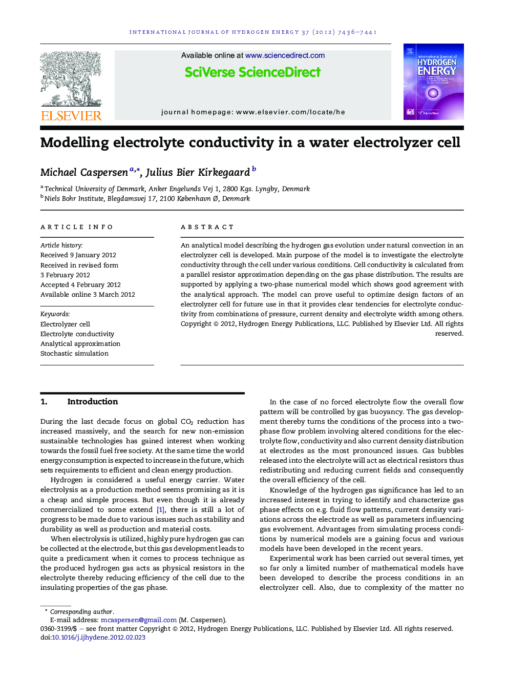 Modelling electrolyte conductivity in a water electrolyzer cell