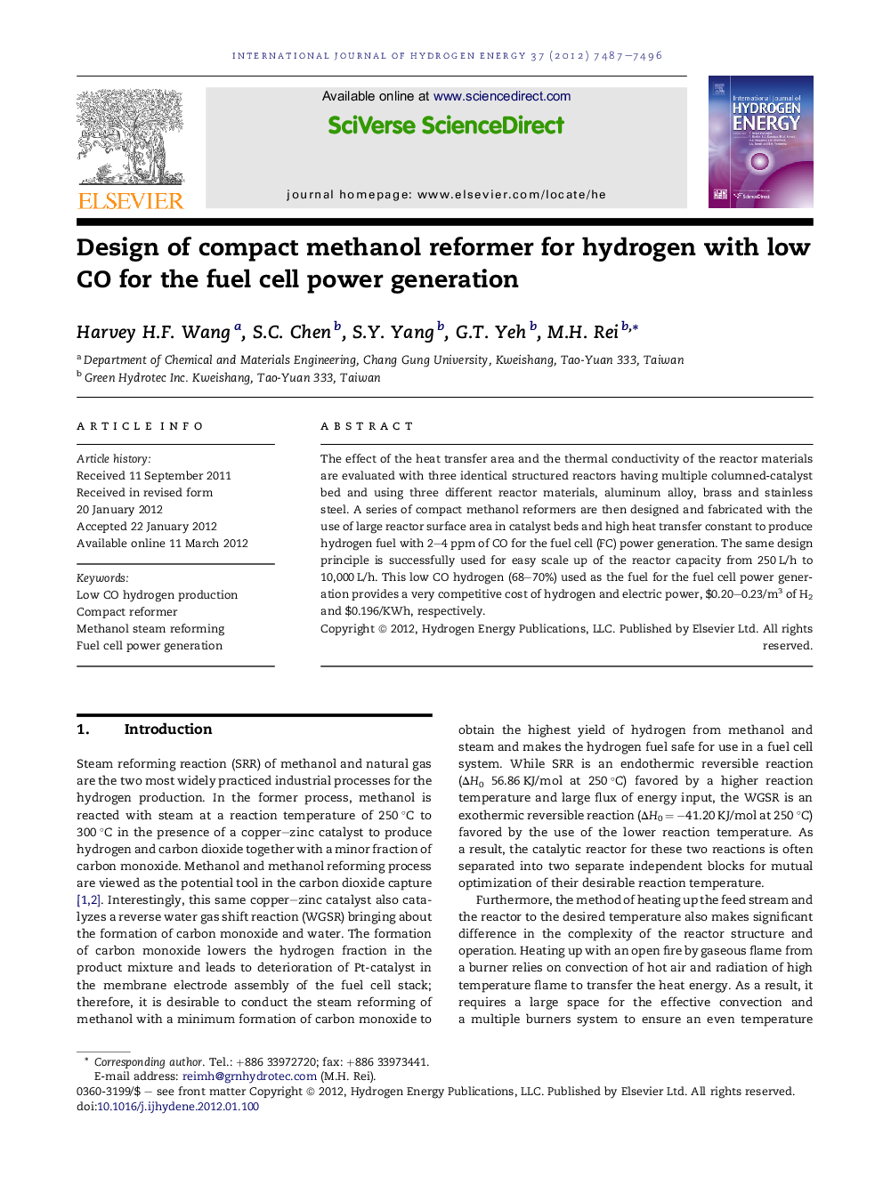 Design of compact methanol reformer for hydrogen with low CO for the fuel cell power generation