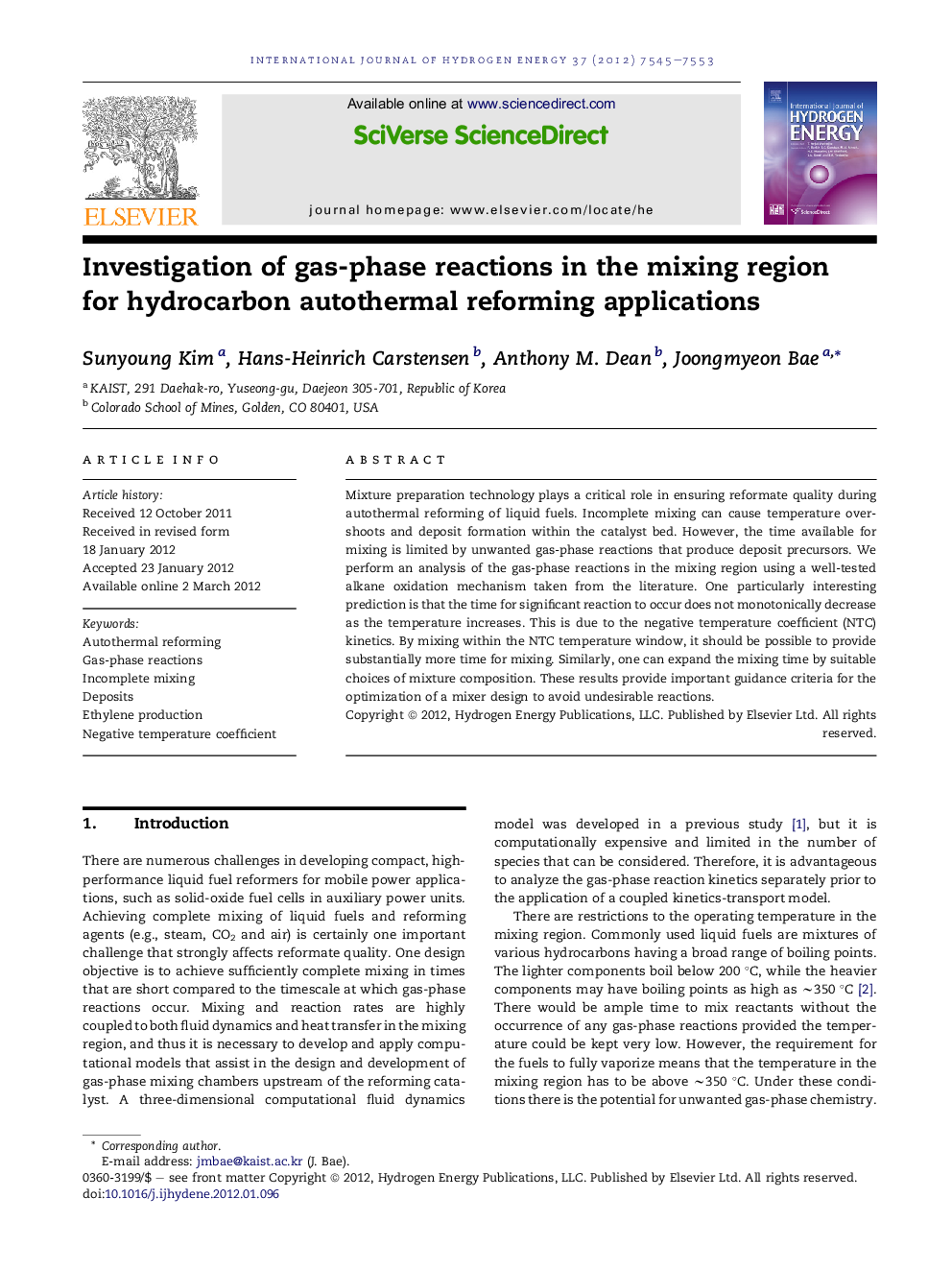 Investigation of gas-phase reactions in the mixing region for hydrocarbon autothermal reforming applications