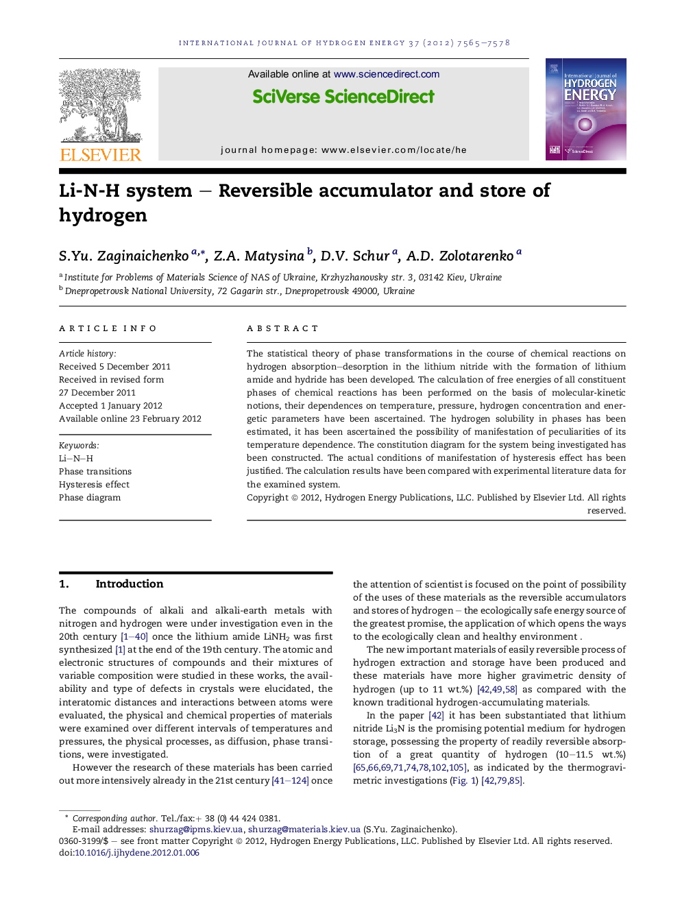 Li-N-H system – Reversible accumulator and store of hydrogen