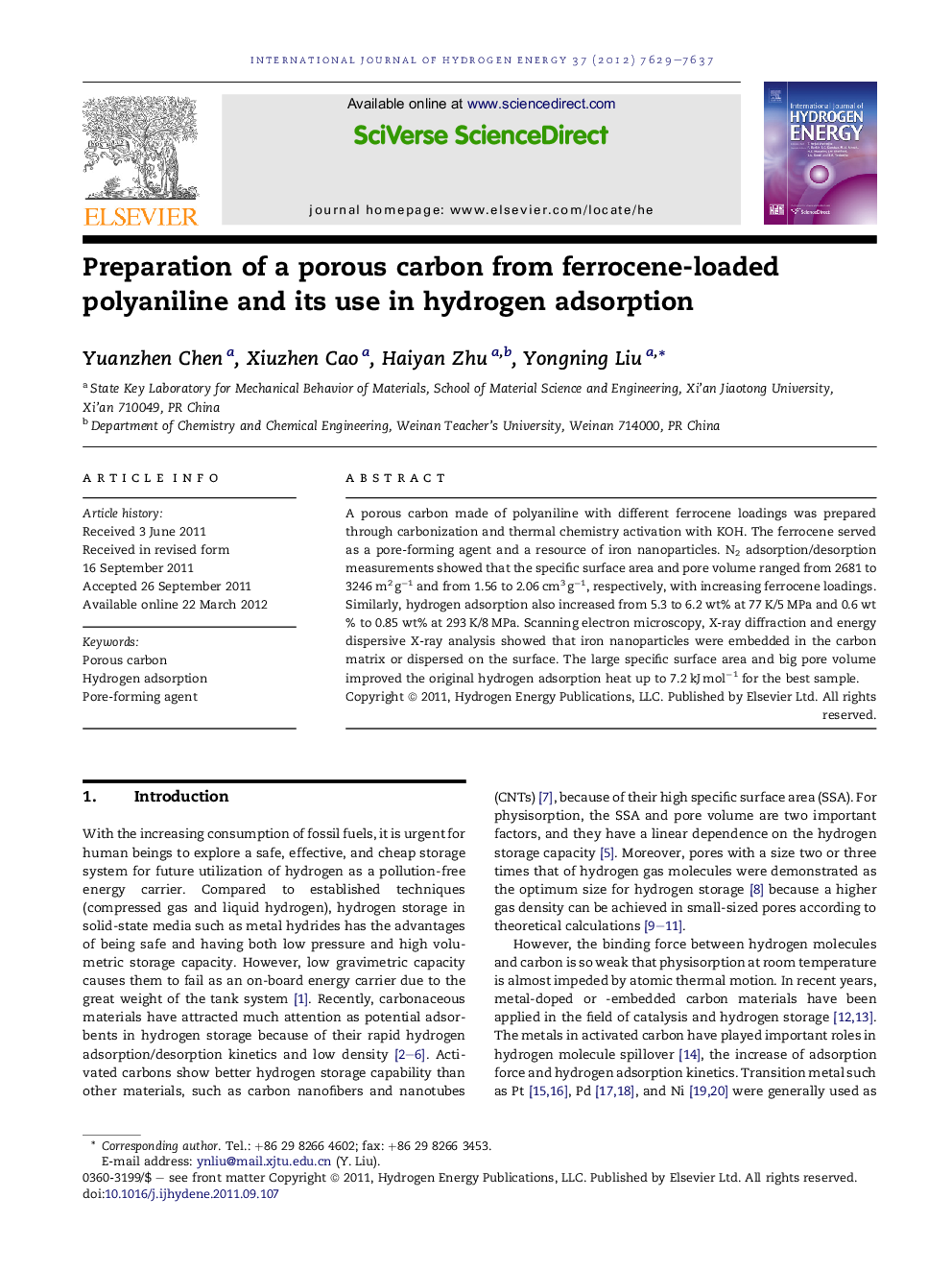 Preparation of a porous carbon from ferrocene-loaded polyaniline and its use in hydrogen adsorption