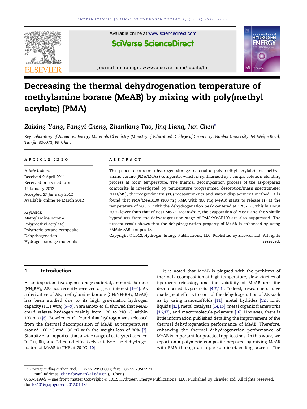 Decreasing the thermal dehydrogenation temperature of methylamine borane (MeAB) by mixing with poly(methyl acrylate) (PMA)