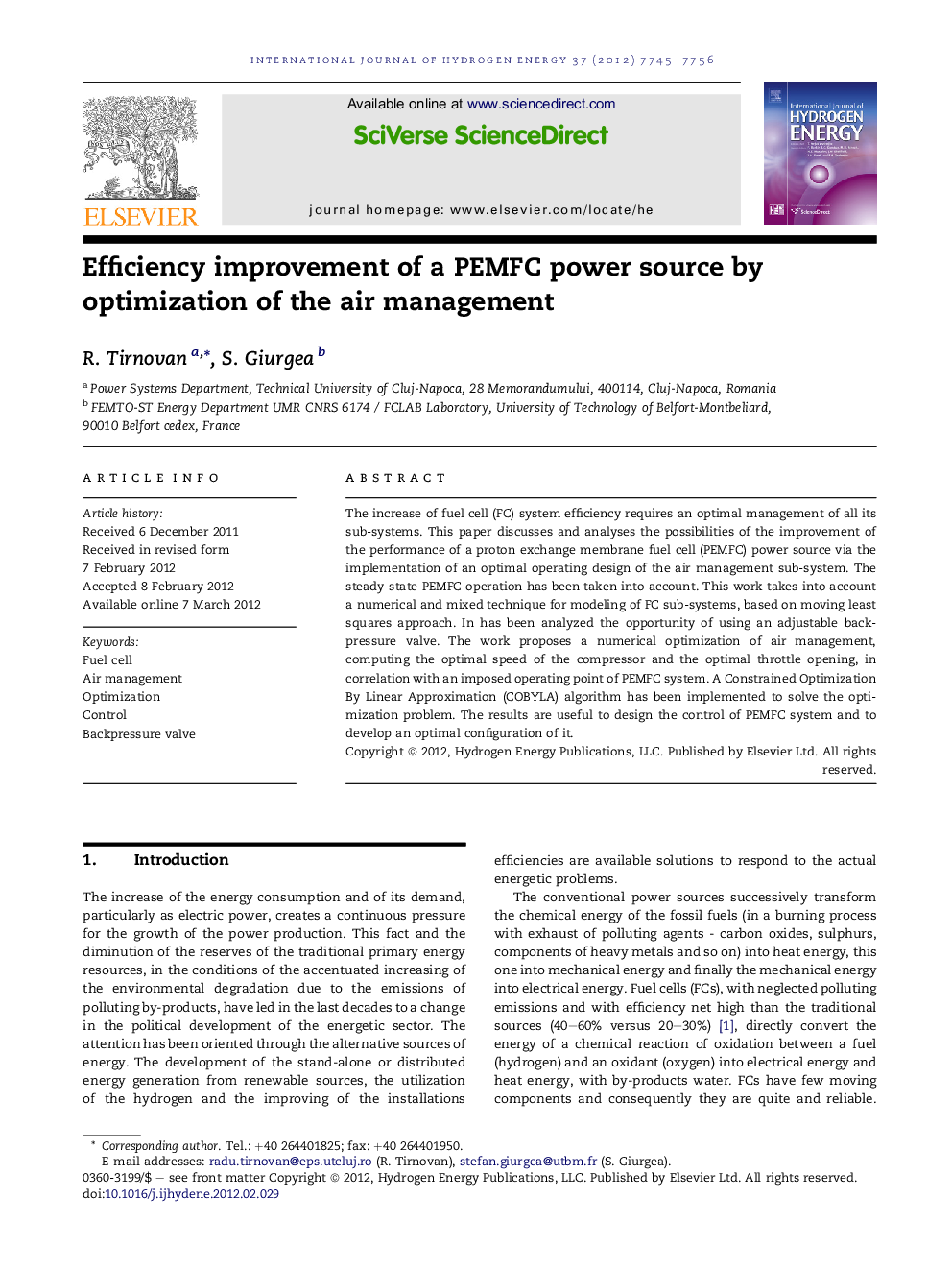 Efficiency improvement of a PEMFC power source by optimization of the air management