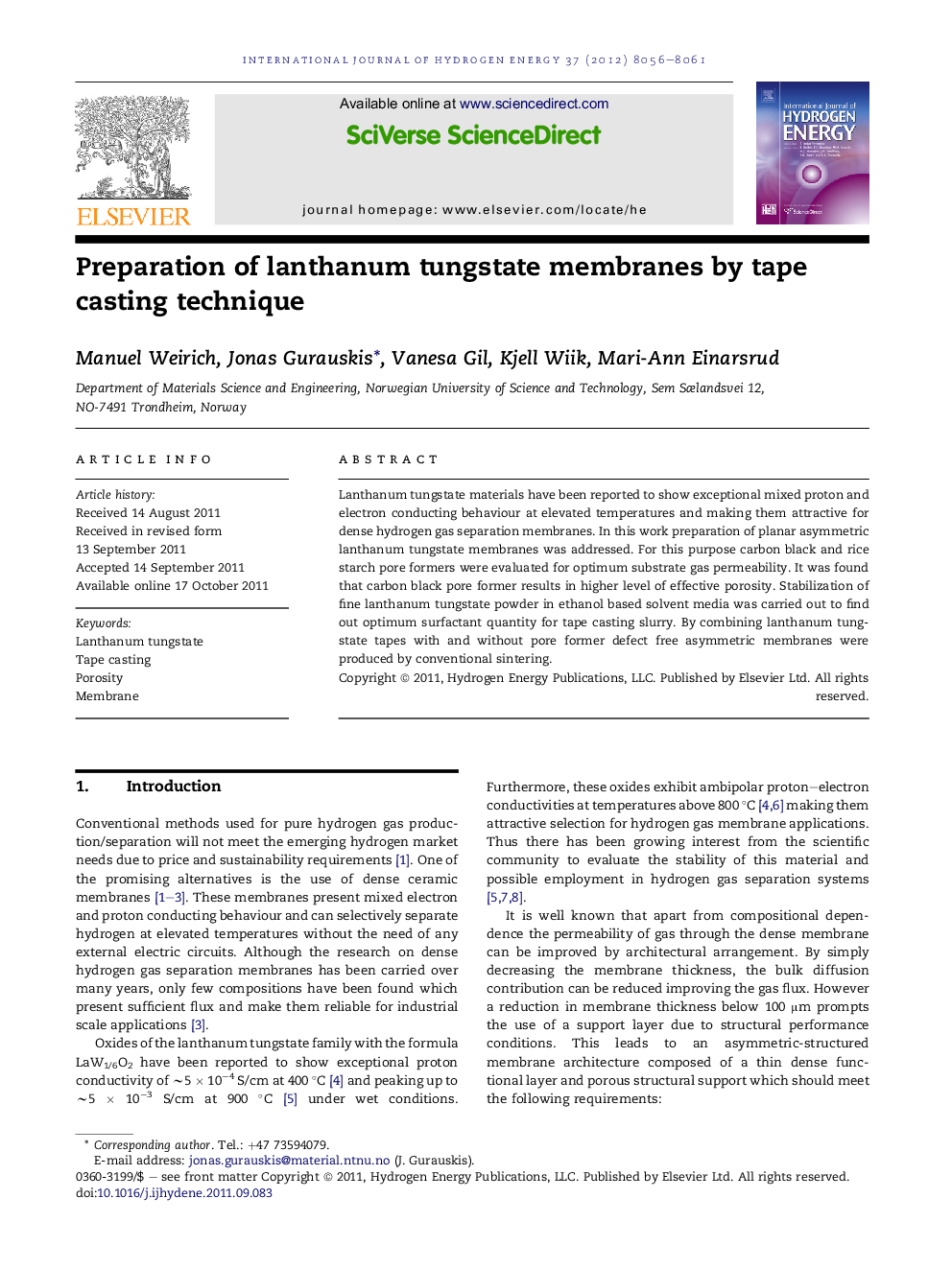 Preparation of lanthanum tungstate membranes by tape casting technique