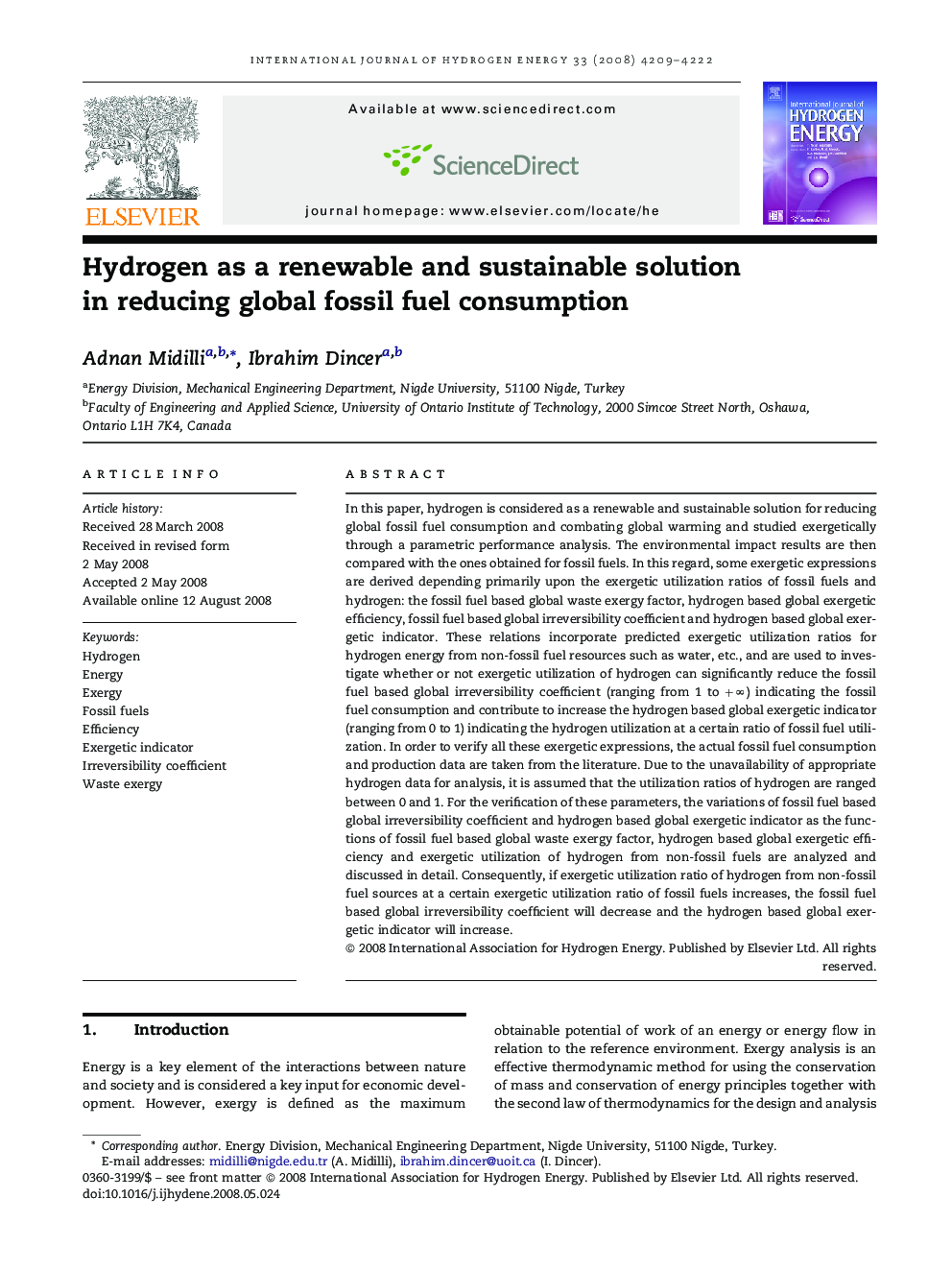 Hydrogen as a renewable and sustainable solution in reducing global fossil fuel consumption