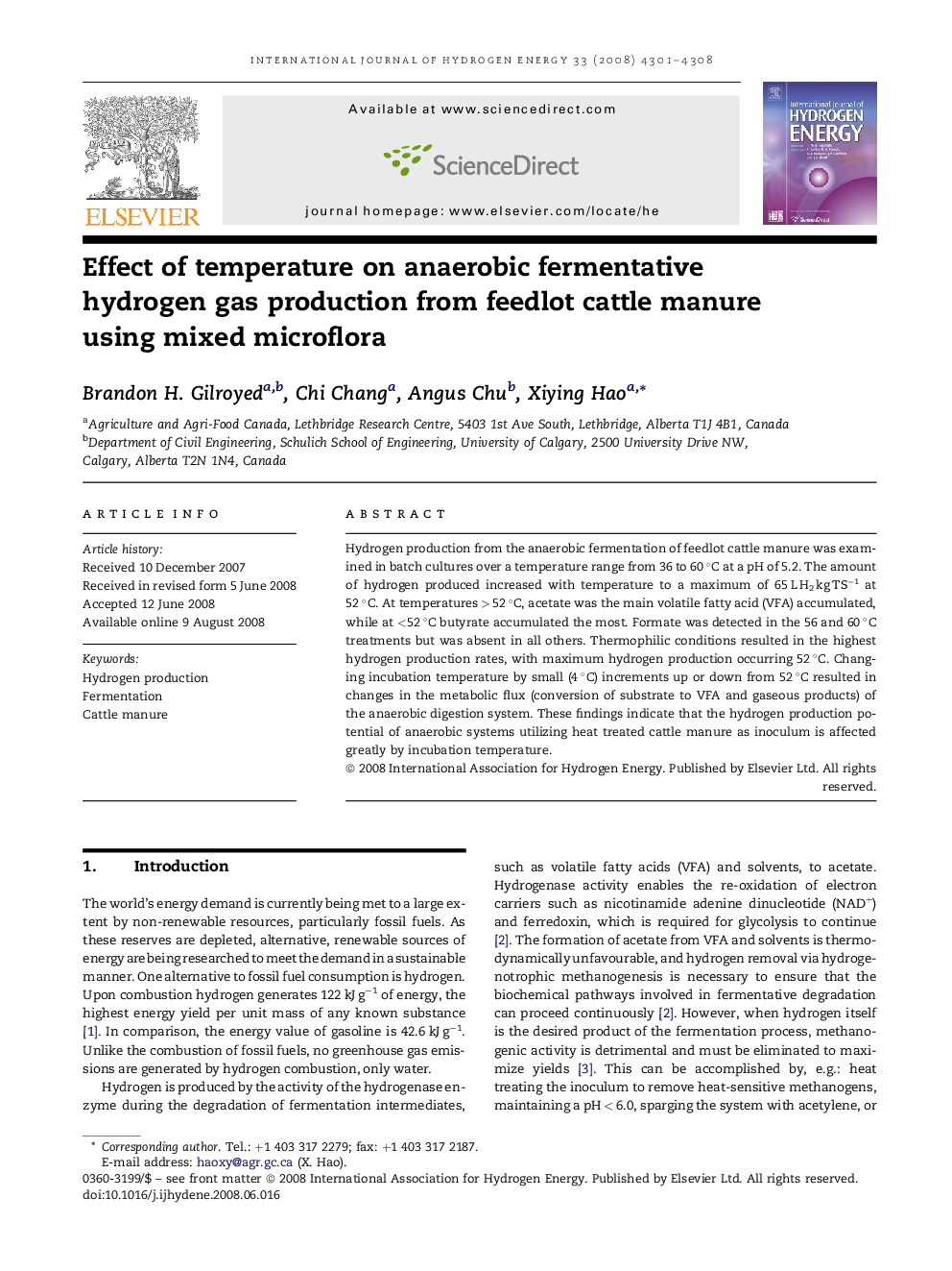 Effect of temperature on anaerobic fermentative hydrogen gas production from feedlot cattle manure using mixed microflora