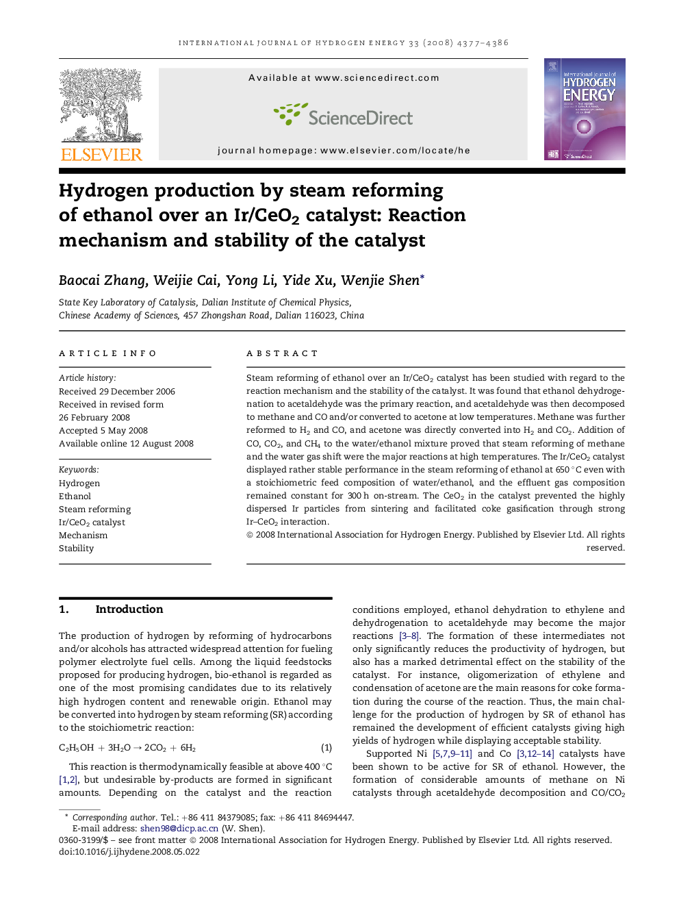 Hydrogen production by steam reforming of ethanol over an Ir/CeO2 catalyst: Reaction mechanism and stability of the catalyst