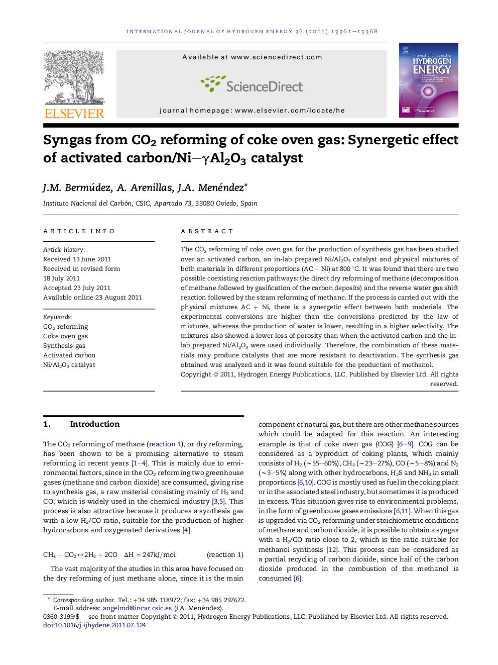 Syngas from CO2 reforming of coke oven gas: Synergetic effect of activated carbon/Ni–γAl2O3 catalyst