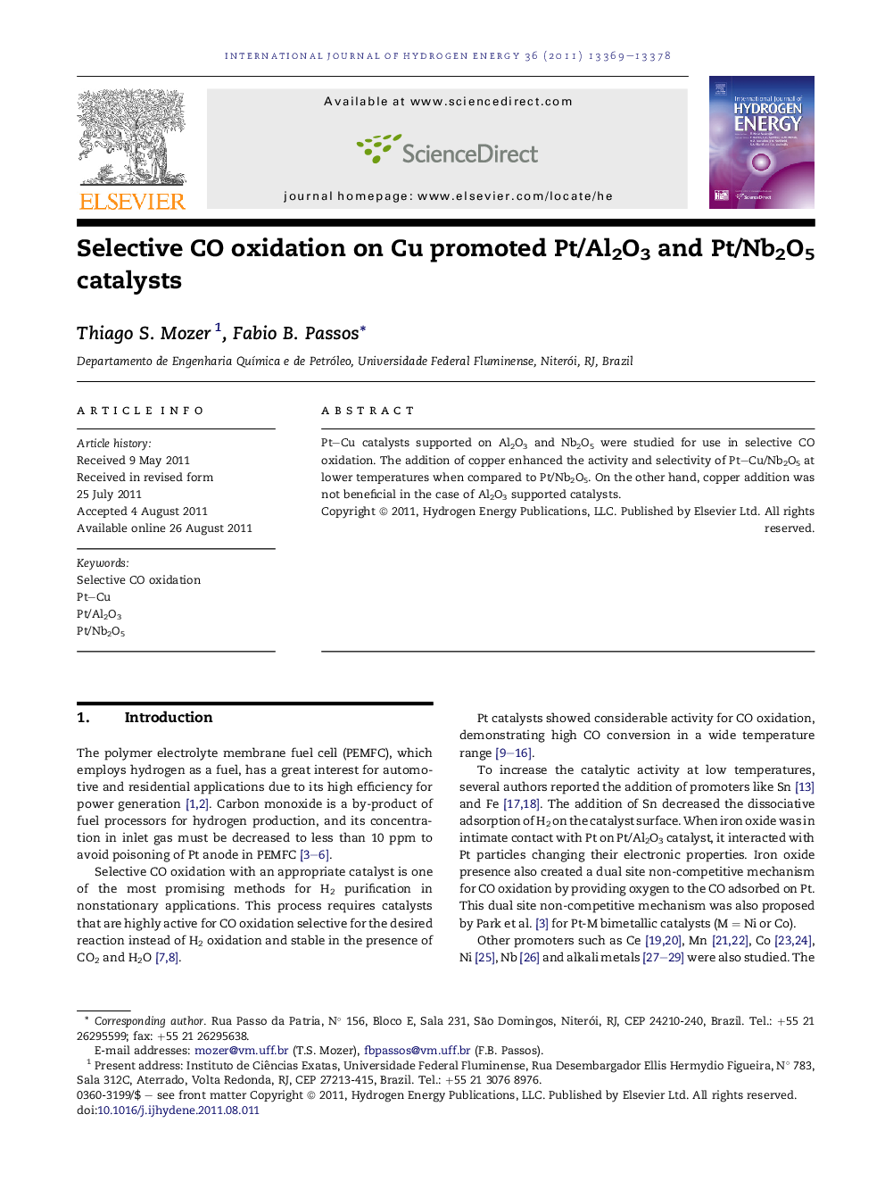 Selective CO oxidation on Cu promoted Pt/Al2O3 and Pt/Nb2O5 catalysts