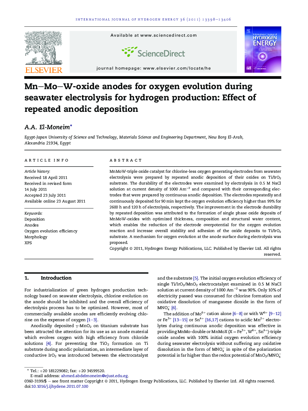 Mn–Mo–W-oxide anodes for oxygen evolution during seawater electrolysis for hydrogen production: Effect of repeated anodic deposition