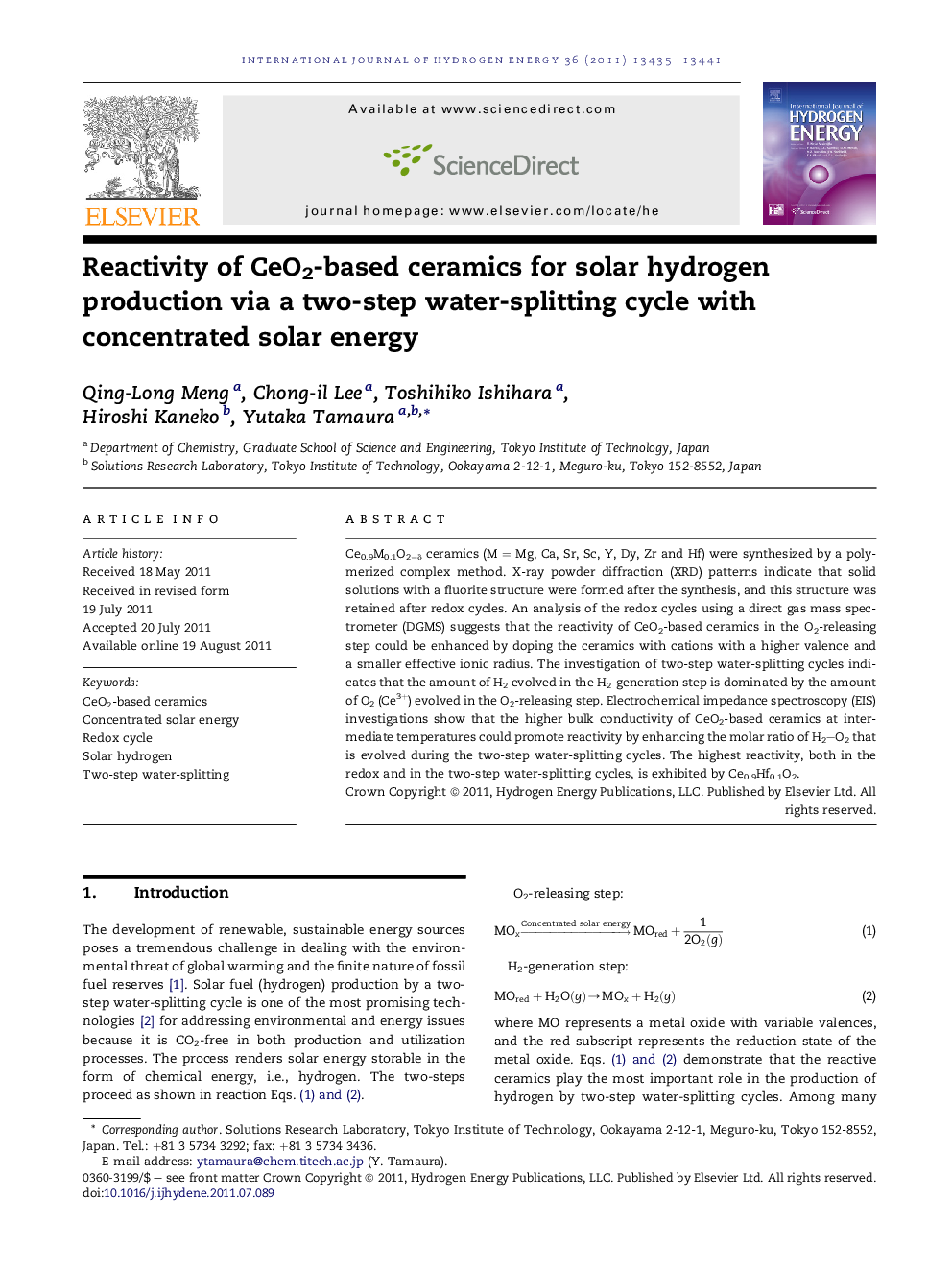 Reactivity of CeO2-based ceramics for solar hydrogen production via a two-step water-splitting cycle with concentrated solar energy