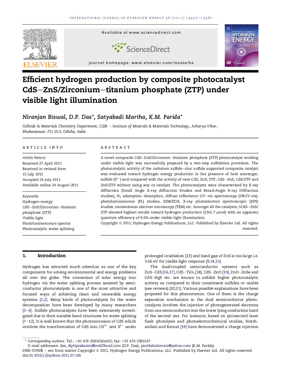 Efficient hydrogen production by composite photocatalyst CdS–ZnS/Zirconium–titanium phosphate (ZTP) under visible light illumination