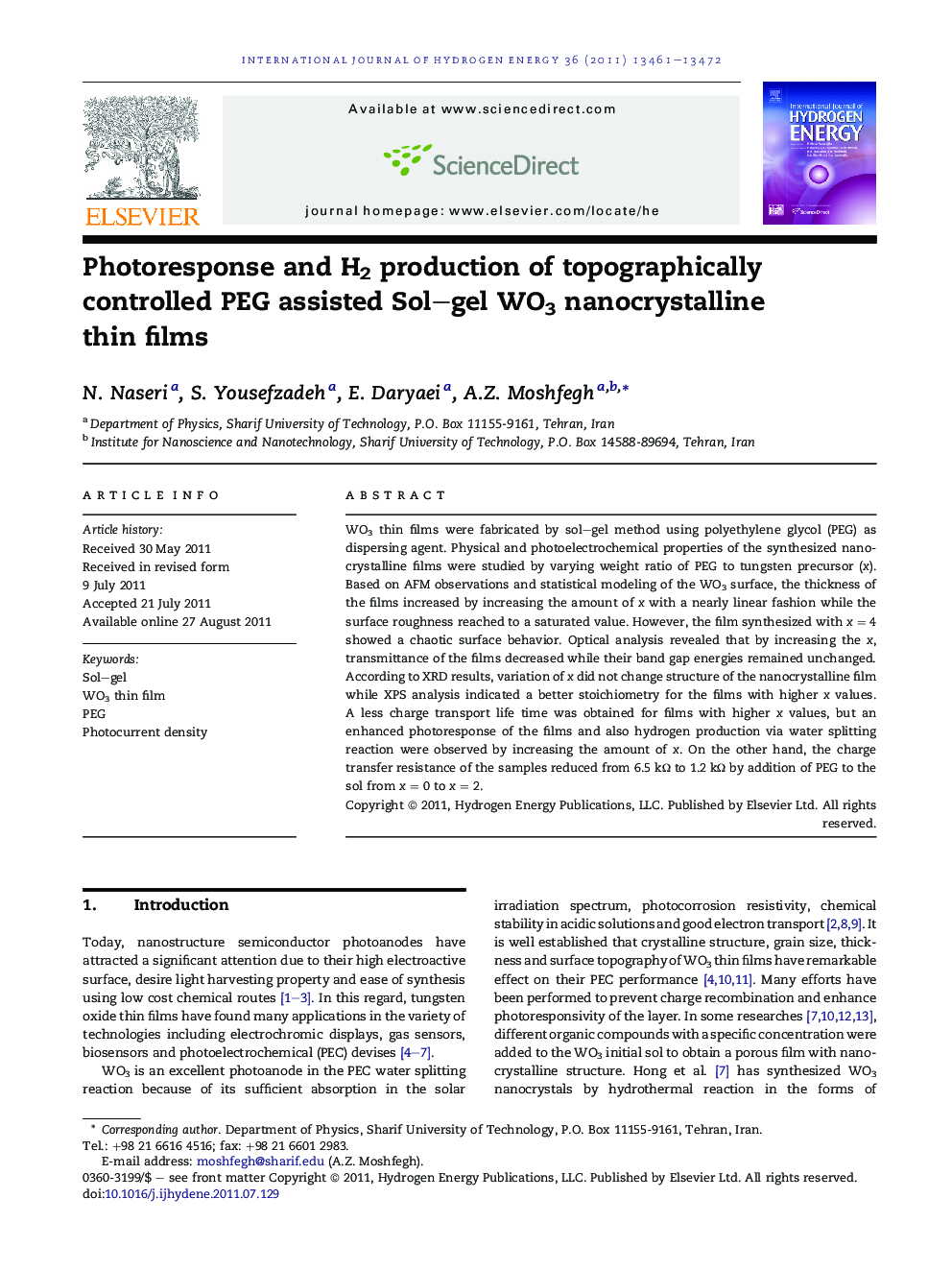 Photoresponse and H2 production of topographically controlled PEG assisted Sol–gel WO3 nanocrystalline thin films