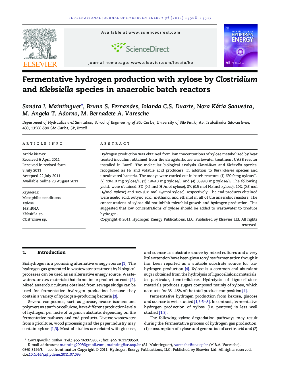 Fermentative hydrogen production with xylose by Clostridium and Klebsiella species in anaerobic batch reactors