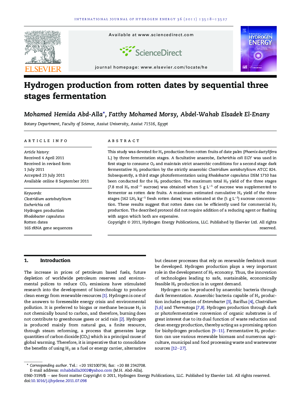 Hydrogen production from rotten dates by sequential three stages fermentation