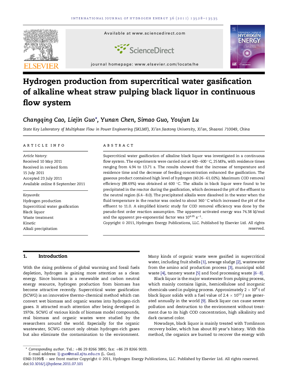 Hydrogen production from supercritical water gasification of alkaline wheat straw pulping black liquor in continuous flow system