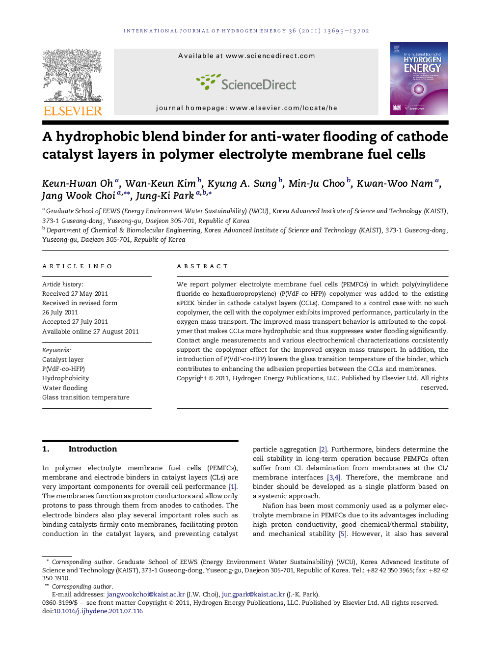 A hydrophobic blend binder for anti-water flooding of cathode catalyst layers in polymer electrolyte membrane fuel cells