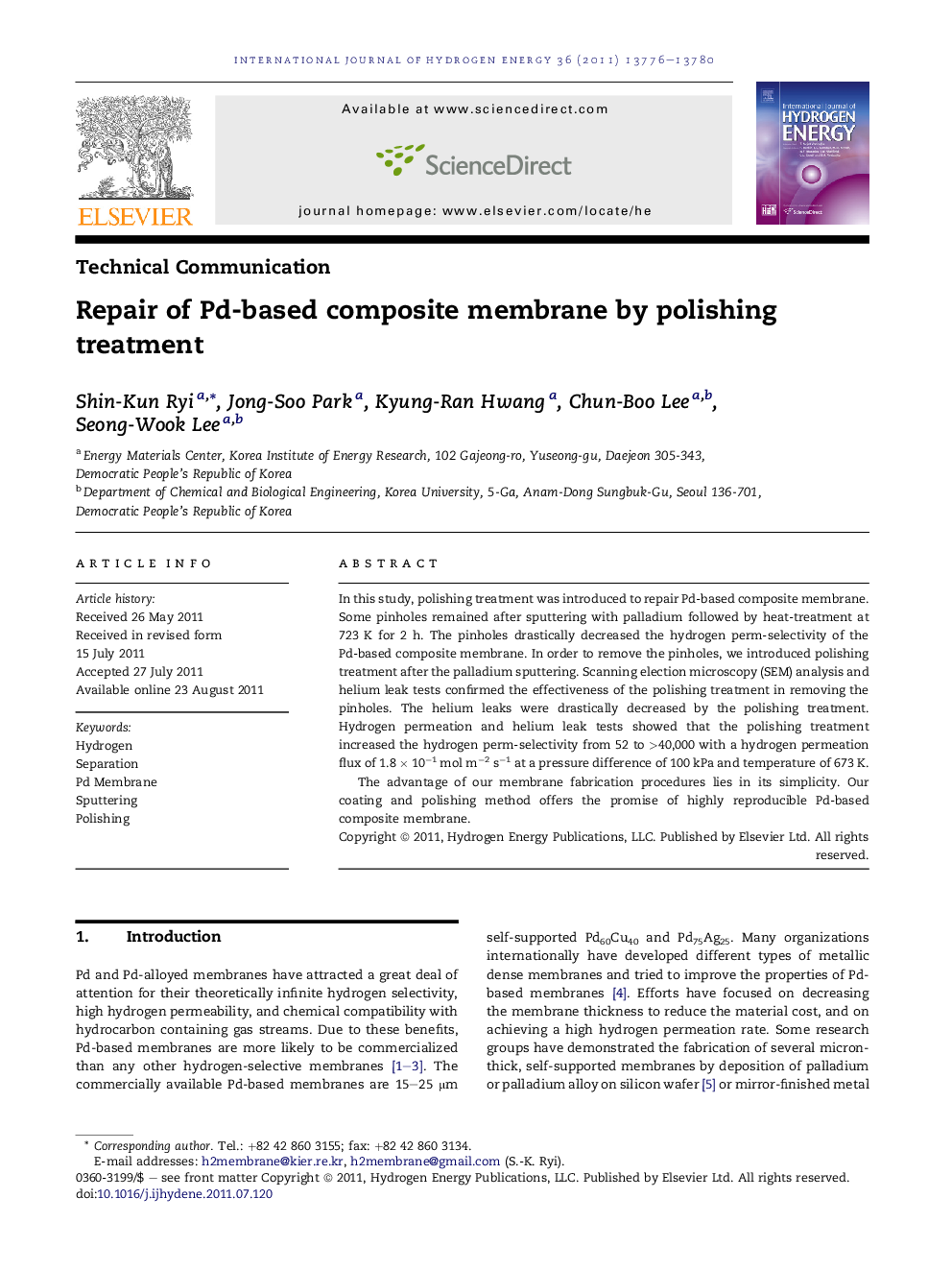 Repair of Pd-based composite membrane by polishing treatment