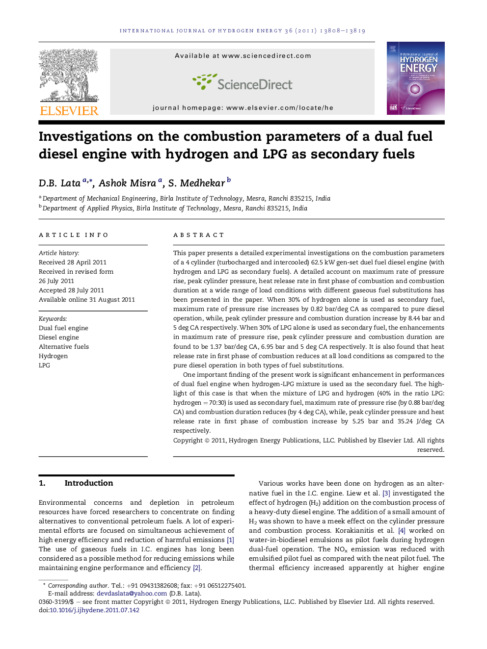 Investigations on the combustion parameters of a dual fuel diesel engine with hydrogen and LPG as secondary fuels