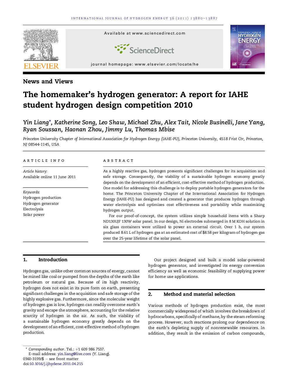 The homemaker’s hydrogen generator: A report for IAHE student hydrogen design competition 2010