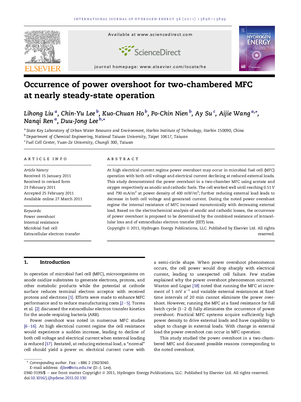 Occurrence of power overshoot for two-chambered MFC at nearly steady-state operation