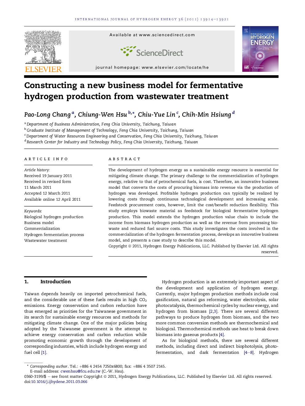 Constructing a new business model for fermentative hydrogen production from wastewater treatment