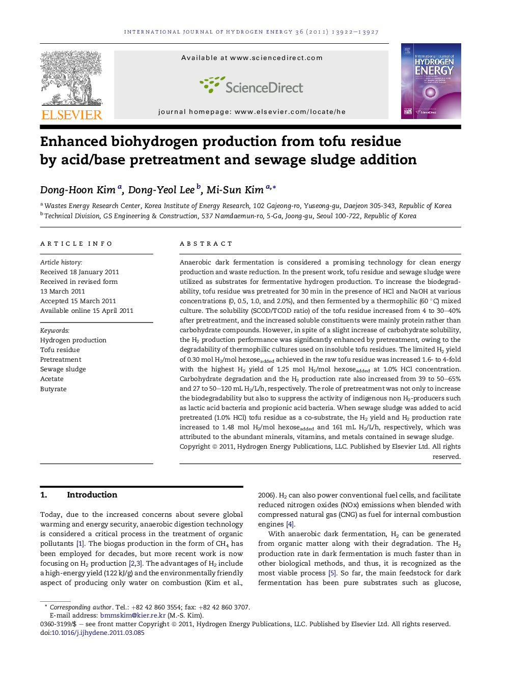 Enhanced biohydrogen production from tofu residue by acid/base pretreatment and sewage sludge addition