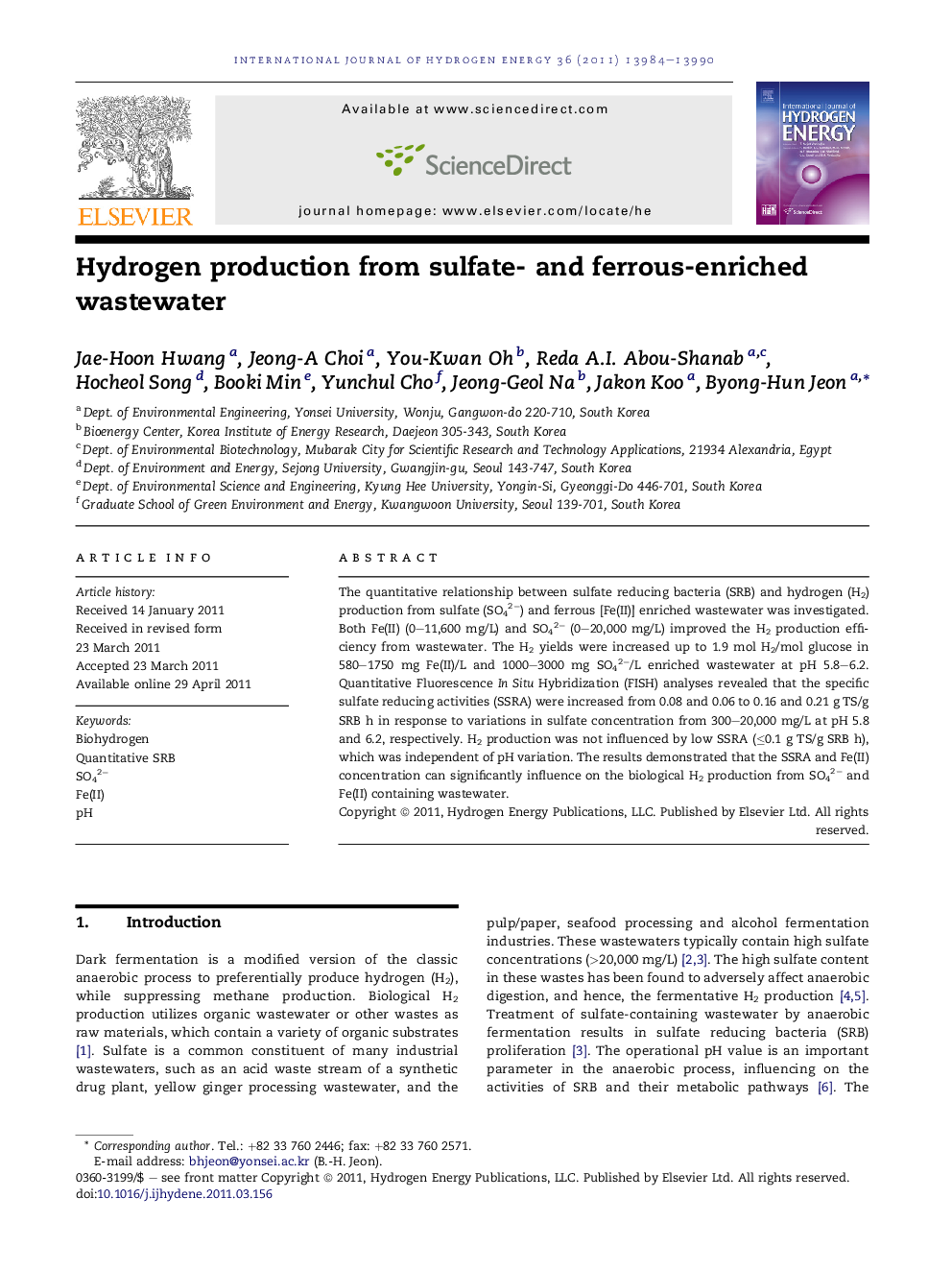 Hydrogen production from sulfate- and ferrous-enriched wastewater