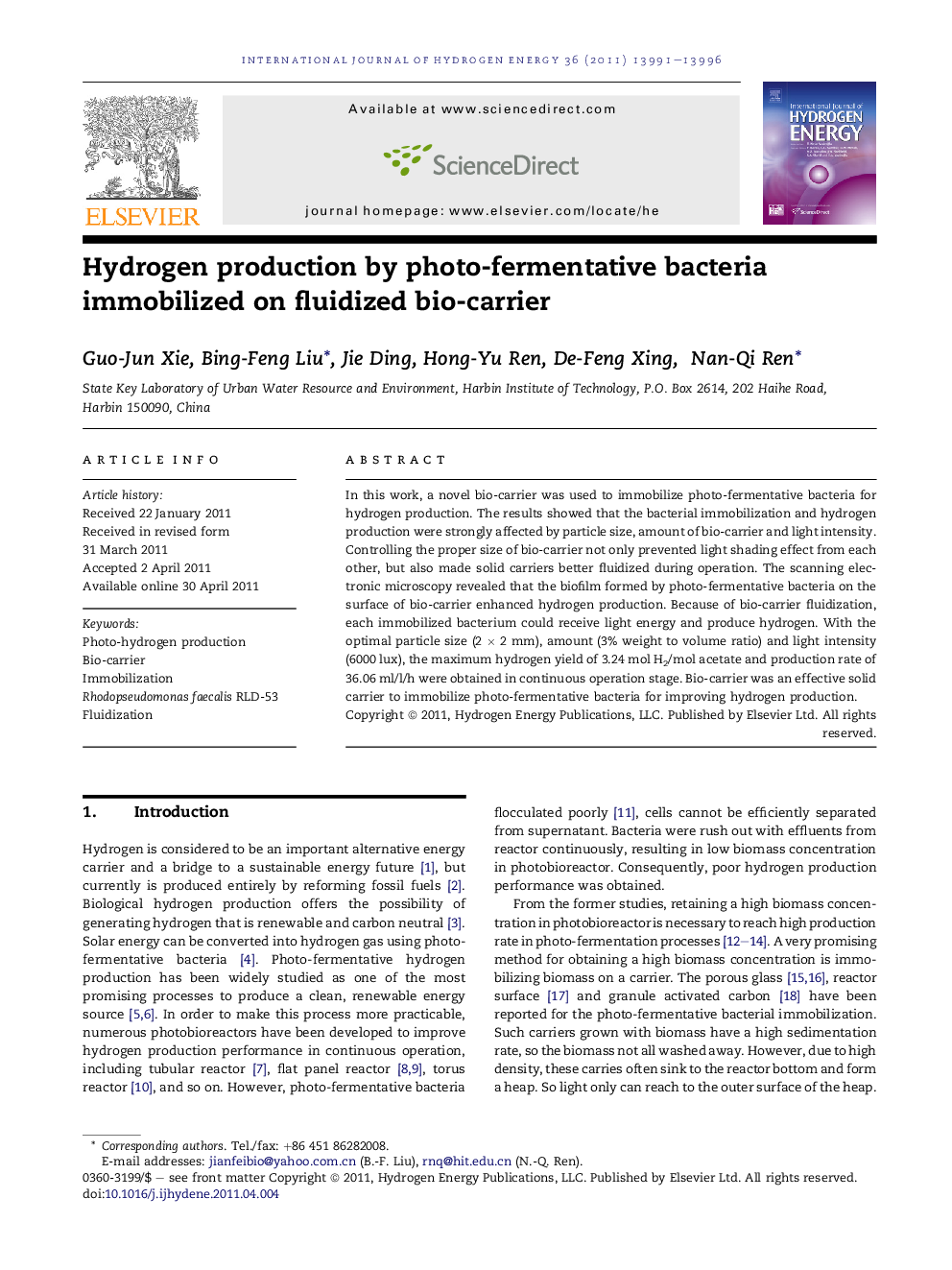 Hydrogen production by photo-fermentative bacteria immobilized on fluidized bio-carrier