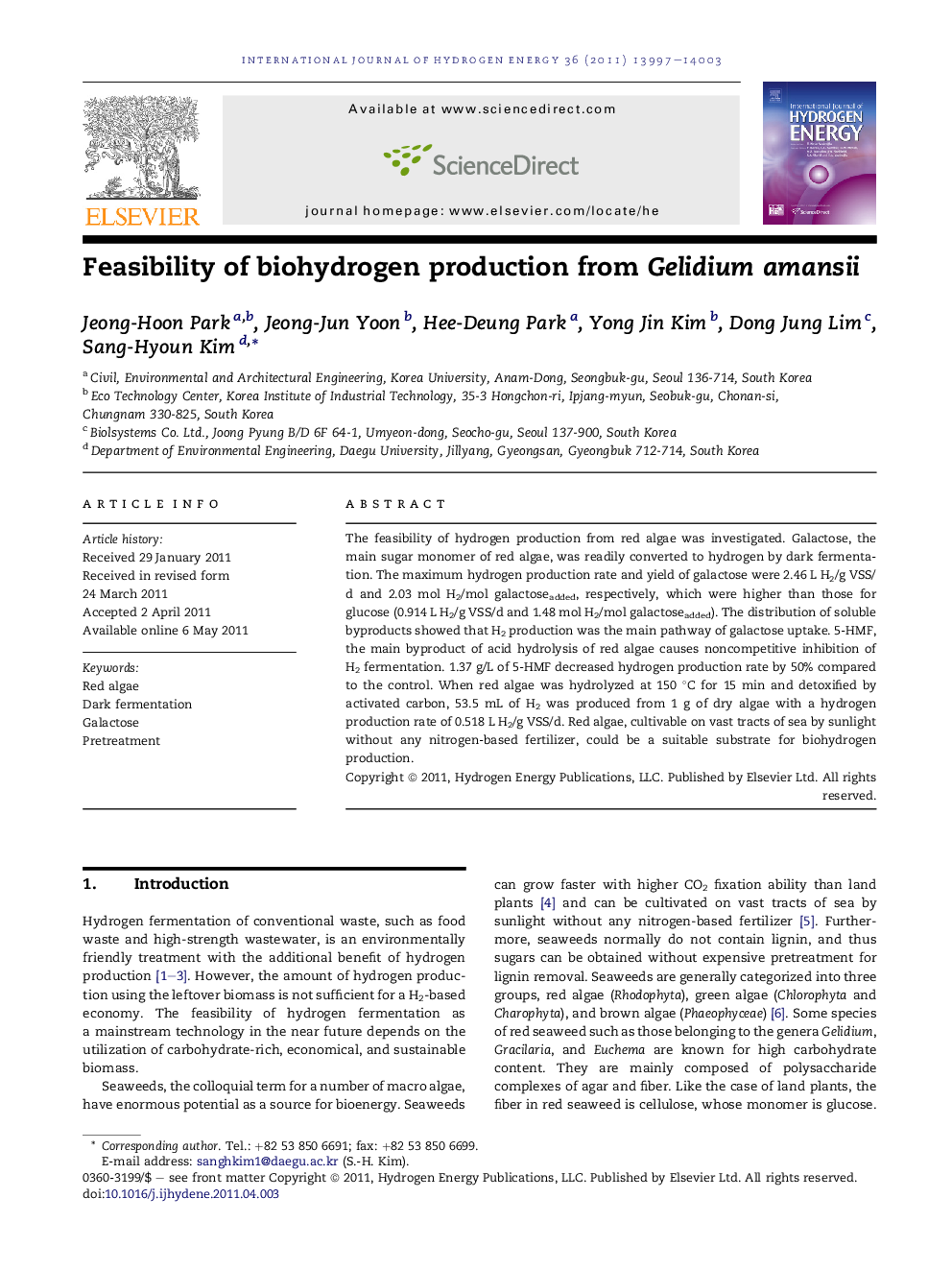 Feasibility of biohydrogen production from Gelidium amansii