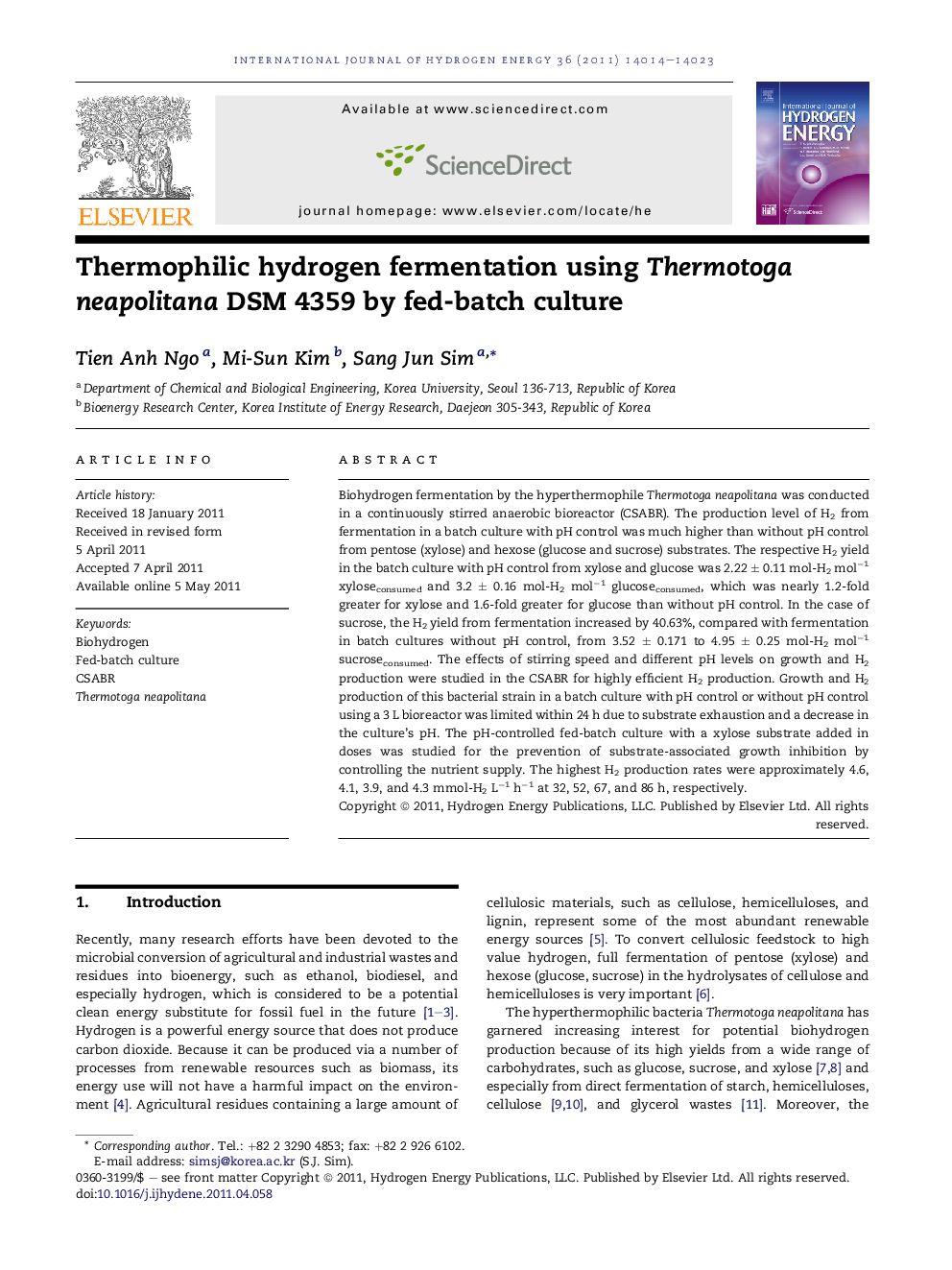 Thermophilic hydrogen fermentation using Thermotoga neapolitana DSM 4359 by fed-batch culture