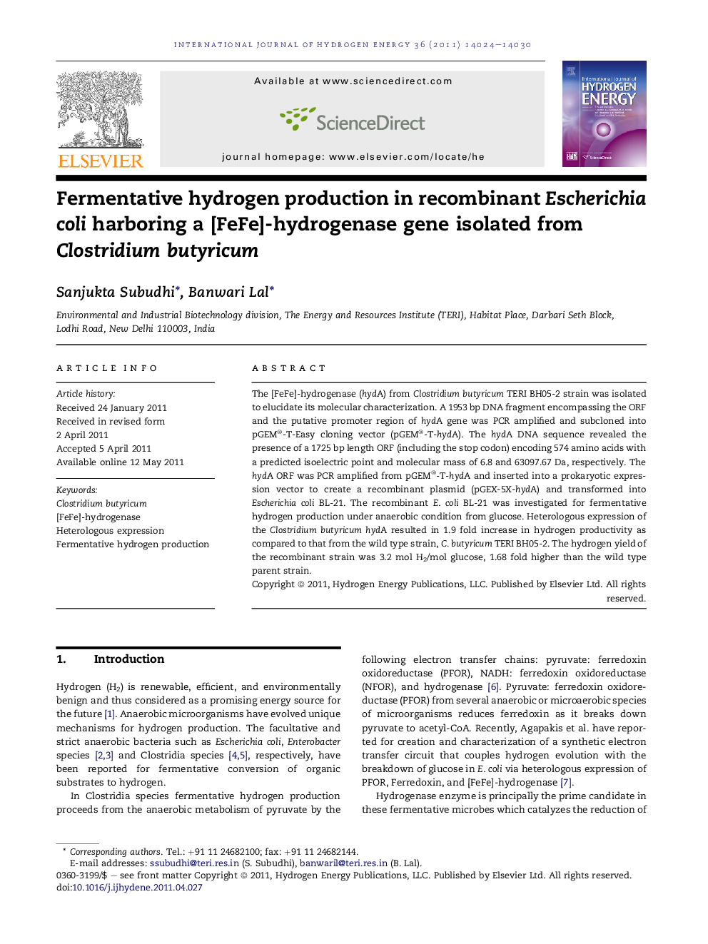 Fermentative hydrogen production in recombinant Escherichia coli harboring a [FeFe]-hydrogenase gene isolated from Clostridium butyricum