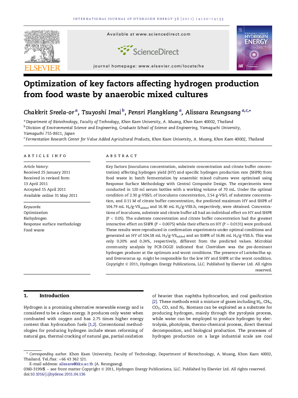 Optimization of key factors affecting hydrogen production from food waste by anaerobic mixed cultures